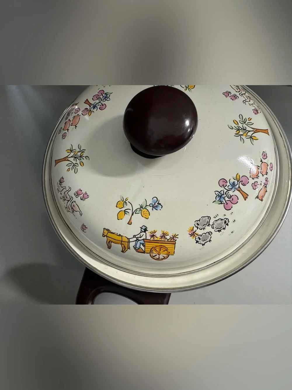 VTG Cottage Core Enamel Cookware Set of 2 Farmhouse Country Scene Pots W/ Lids